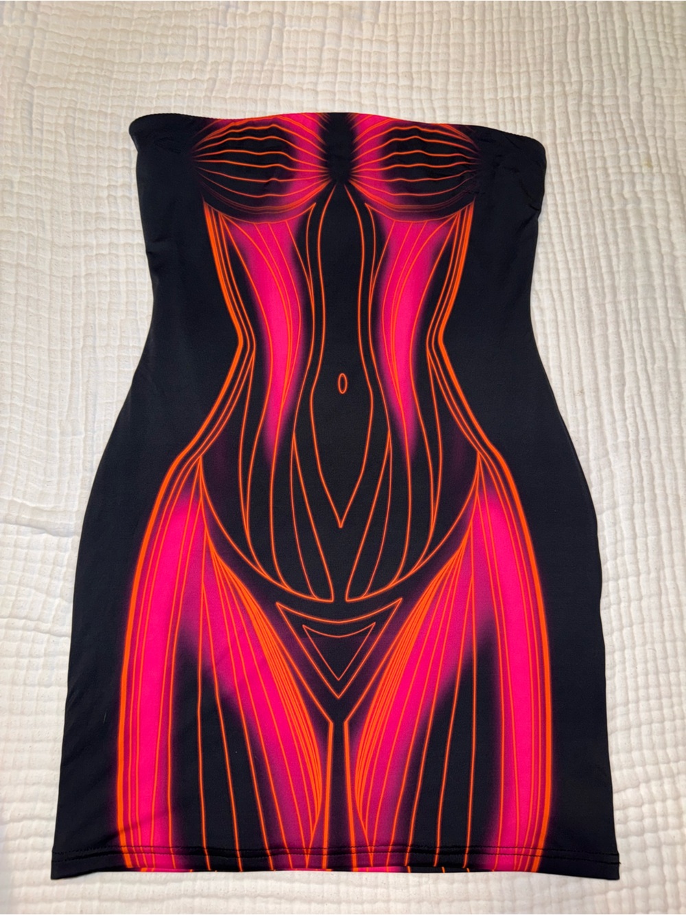 White Fox Boutique Black Dress with Neon Pink & Orange Graphic